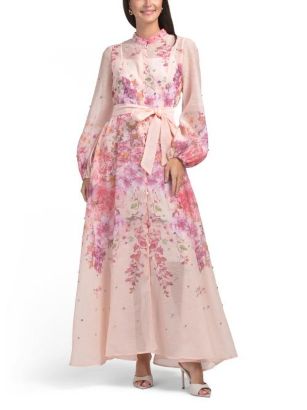 NANCY YANG Crystal Studded Long Sleeve Maxi Dress